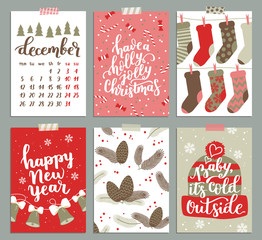 Naklejka premium Vector collection of Christmas poster templates. Christmas set of greeting cards. Bright colors. christmas socks and hand written lettering for your invitation and design.