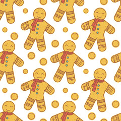 Winter seamless pattern with gingerbread man and cookies. Vector christmas background with cute biscuits.