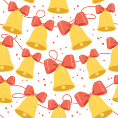 Winter seamless pattern with jingle bells. Christmas template with red bows and ribbons on white isolated background.
