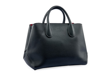 Black female leather bag isolated on white background.