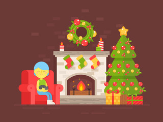 Festive card with Christmas tree, fireplace and character © Yuzach