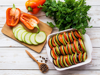 Uncooked homemade French ratatouille. Healthy food concept.