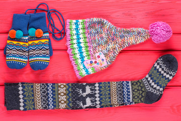 woolen socks, hat and mittens
