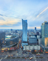 Evening view of Warsaw modern business district from viewpoint of Culture and science palace