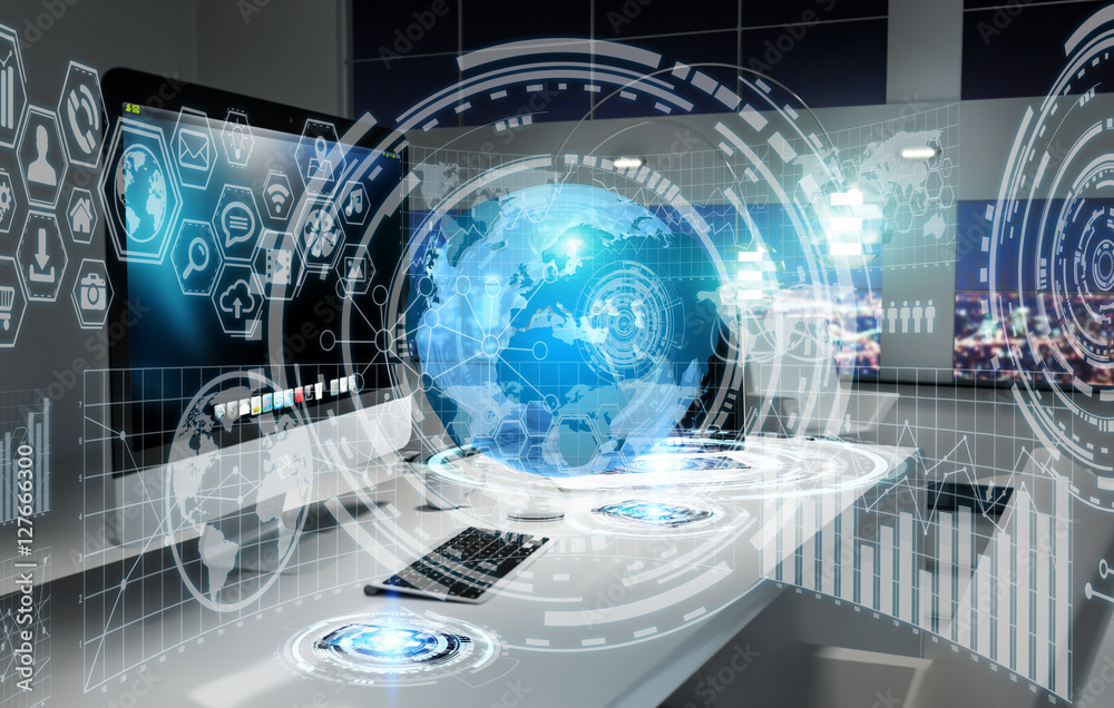 Poster workplace with modern devices and hologram screens 3d rendering