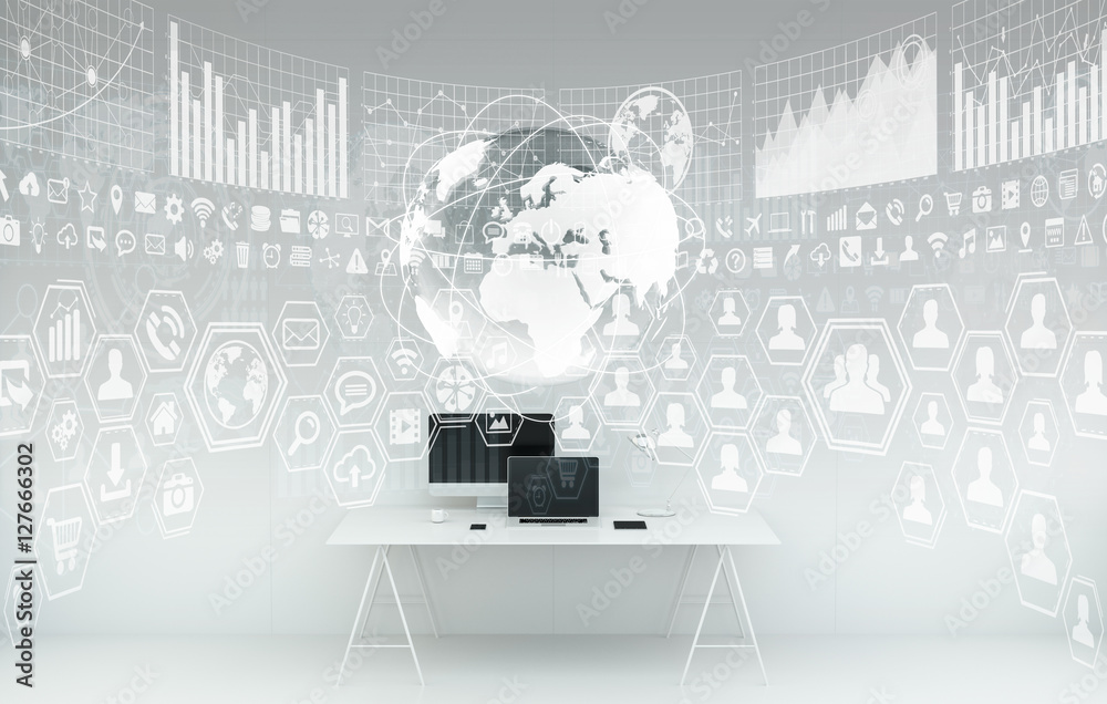 Poster Workplace with modern devices and hologram screens 3D rendering