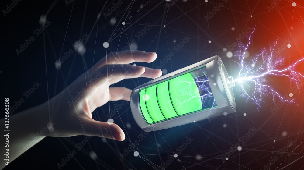 Aufkleber man holding 3d render battery with lightning in his hand