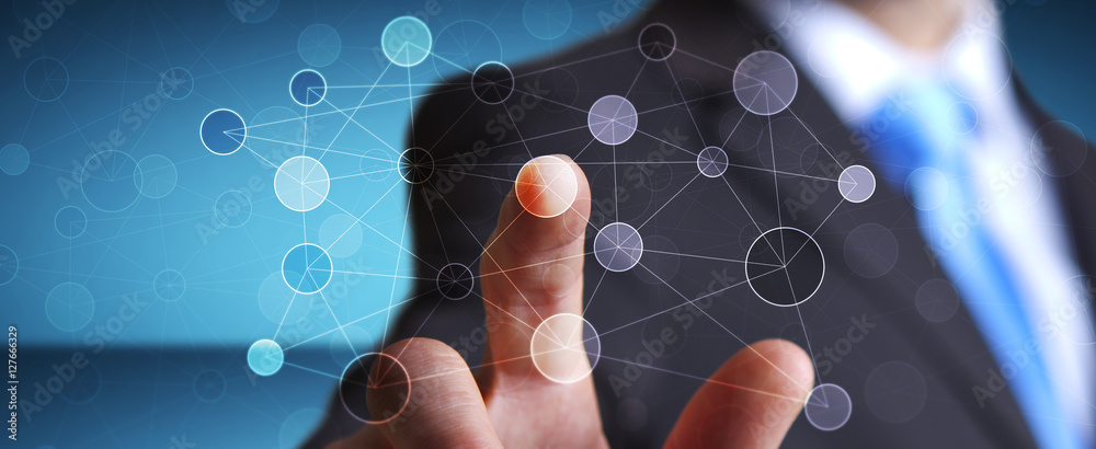 Poster businessman touching digital data network in his hand 3d renderi