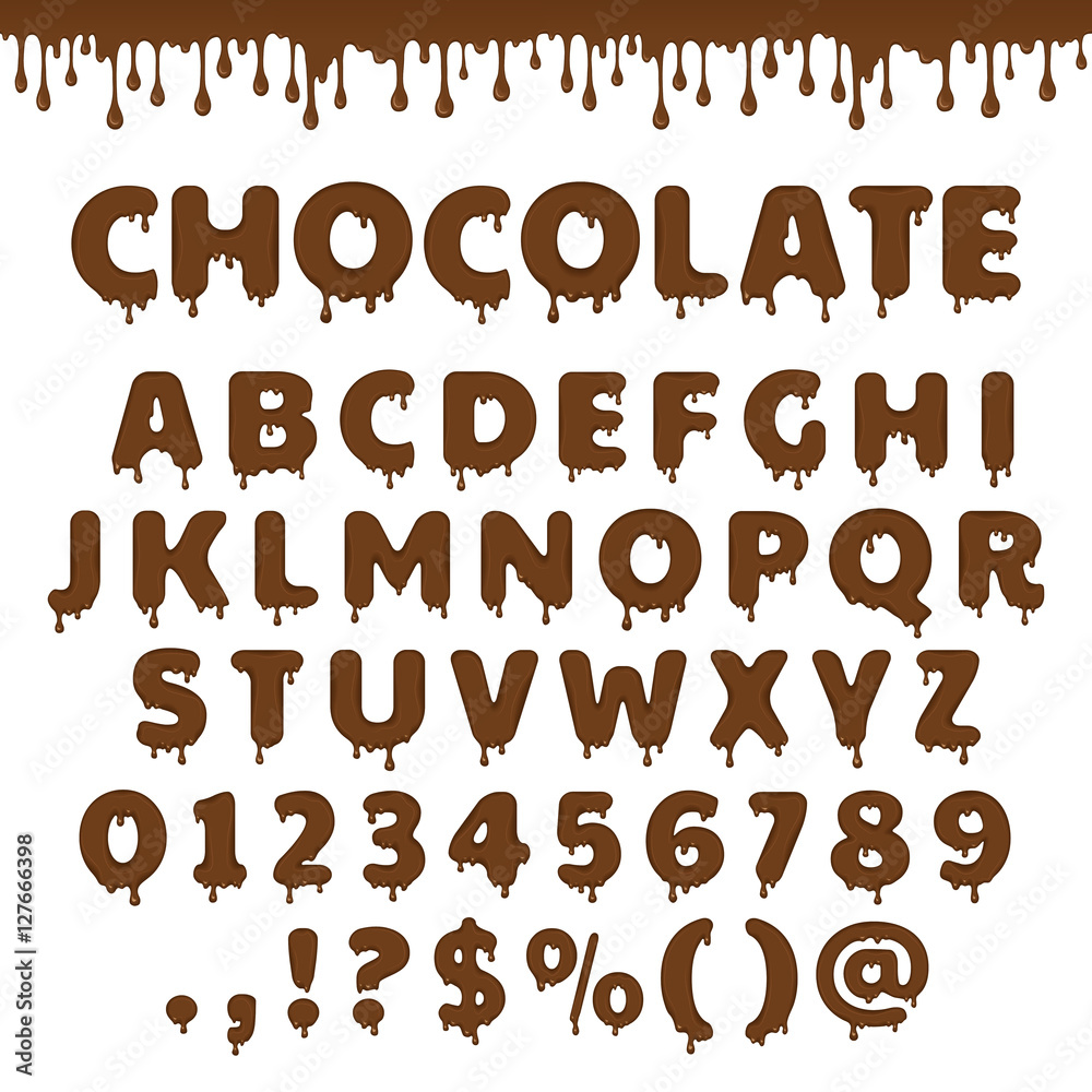 Fototapete dark chocolate latin alphabet, abc. vector font type with flow and drop of melting brown chocolate o