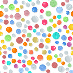 Vector medical seamless pattern with color pills on white. Background with pharmaceutical medicament: tablet and dragee. Medicine illustration of medicament drugs for hospital, pharmacy design.