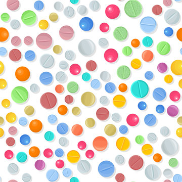 Vector medical seamless pattern with color pills on white. Background with pharmaceutical medicament: tablet and dragee. Medicine illustration of medicament drugs for hospital, pharmacy design. © Sunflower