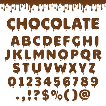 Dark chocolate latin alphabet, abc. Vector font type with flow and drop of melting brown chocolate or liquid. For sweet candy or cocoa dessert packaging design. Numbers and symbols isolated on white