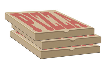 Stock vector design of three boxes for pizza. Box with layout elements. Craft paper cardboard and sign
