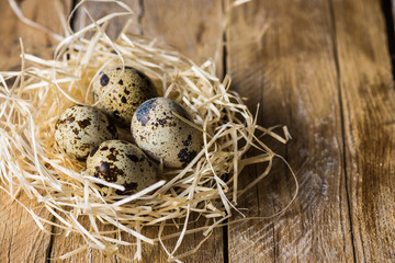 Quail eggs in a straw nest on wood background, kinfolk style, Easter, farming, country life concept