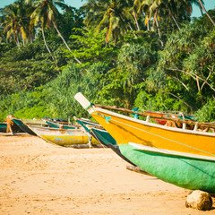 Fishing boats on a tropical beach with palm trees in the backgro