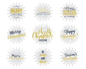 Set of Christmas , New Year 2017 lettering, wishes, sayings and vintage labels. Season's greetings calligraphy. Holiday typography design. Illustration. Letters composition with sun bursts.