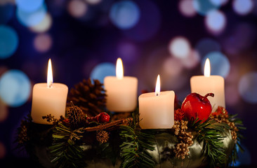Obraz na płótnie Canvas christmas decoration with candle for advent season. four candles burning