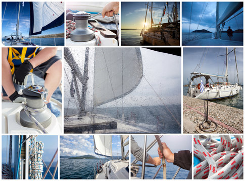 Yacht collage. Living on the sea.Yachting concept