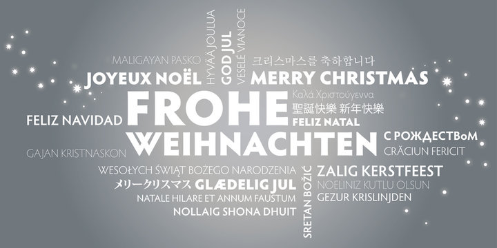 silberne Weihnachtskarte Frohe Weihnachten übersetzt in viele S