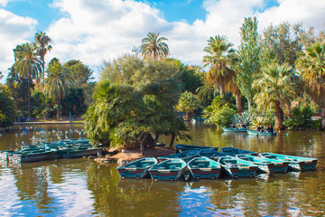Fototapeta na wymiar Empty pleasure boats on the pond in the park