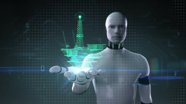 Robot cyborg open palm, Drill ship, x-ray image.
