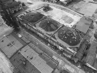 Aerial view of old airplane hangars in germany from the first world war - lost place

