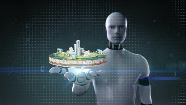 Robot cyborg open palm, Control, Water power generation, purification system on Ground.
