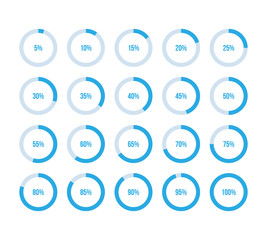 Colorful pie charts. Ux percent download, dashboard for app, web. Performance analysis in percent. Set of blue percentage diagrams. Modern infographic elements. 10 percent graphs