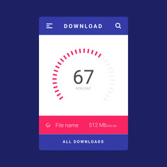 UI, UX and GUI template layout for Mobile Apps. Download screen. Statistic dashboard. Infographic element. Circle percent diagram. Pink and blue color ux app. User interface.