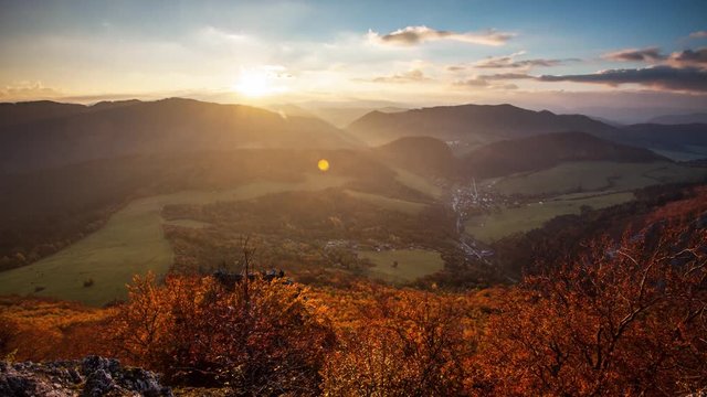 Slovakia forest autumn panorana landscape with mountain at sunrise, Time lapse