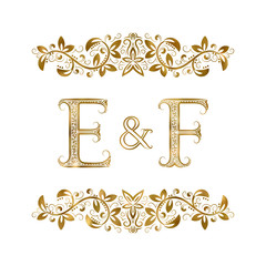 E and F vintage initials logo symbol. The letters are surrounded by ornamental elements. Wedding or business partners monogram in royal style.