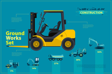 Yellow forklift. Blue infographic big set of ground works blue machines vehicles. Catalog page. Heavy construction equipment for building truck digger crane bagger mix. Transportation master vector.