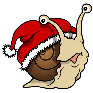 Happy Snail with Santa Hat - Cheerful Christmas Cartoon Illustration, Vector
