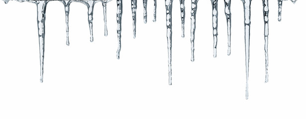 Close up of icicles isolated on white background - obrazy, fototapety, plakaty