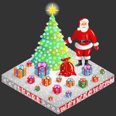 Vector illustration of decorated  tree, Santa and gifts on Christmas Eve shown in isometric view with german translated marry christmas as frohe weinachten.