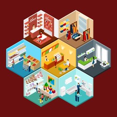 Shopping Mall Hexagonal Pattern Isometric Composition 