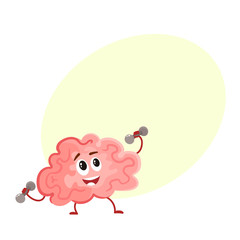 Funny smiling brain training with dumbbells, cartoon vector illustration on yellow background for text. Cute brain character lifting weights as a symbol of education, training and development