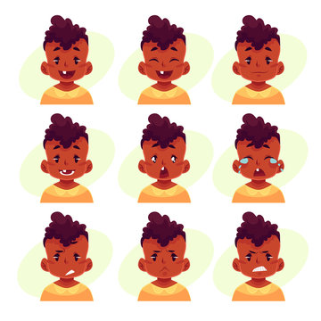 Little boy face expression, set of cartoon vector illustrations isolated on yellow background. black male kid emoji face icons, facial expressions, set of baby boy avatars with different emotions