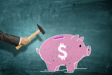 Pink piggy bank . Mixed media