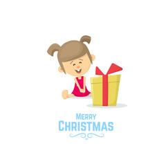 Merry christmas. Little girl with Christmas present. Christmas card with little girl. Flat Vector Illustration.