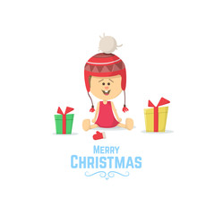 Merry christmas. Little girl with Christmas present. Funny little girl in Christmas hat. Christmas card with little girl. Flat Vector Illustration.