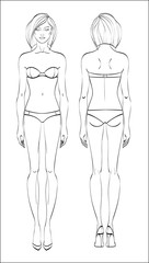 Female figure: front and back. Vector. Human body in linear style.