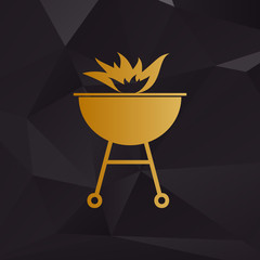 Barbecue with fire sign. Golden style on background with polygons.