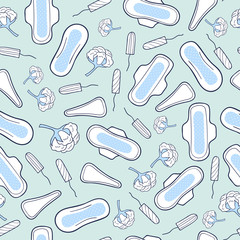 Seamless pattern with sanitary napkins and tampons. Feminine hygiene. Vector background. 