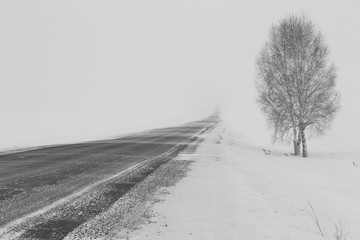 Winter road to lose away in the frosty fog and snowstorm