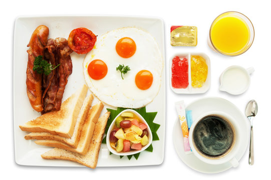 American breakfast isolated on white background. Flat lay. Top view