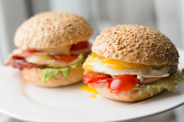 Bacon, egg and tomato sandwiches on white plate, close up view