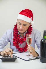 Business Man Celebrate Merry Christmas And Happy New Year Wear Santa hat