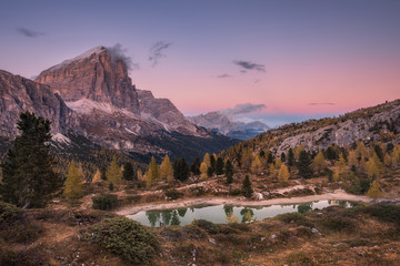 Italy. Dolomites. Evening view of the lake Limides and mount Tofana di Rozes
