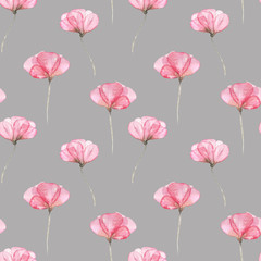 Seamless floral pattern with pink tender flowers hand drawn in watercolor on a grey background